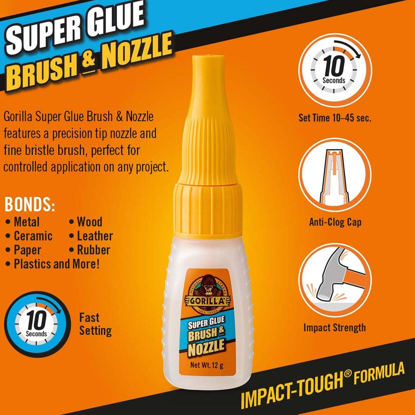 Gorilla Super Glue Clear 12g Brush Nozzle 2-in-1 Instant Strong Adhesive