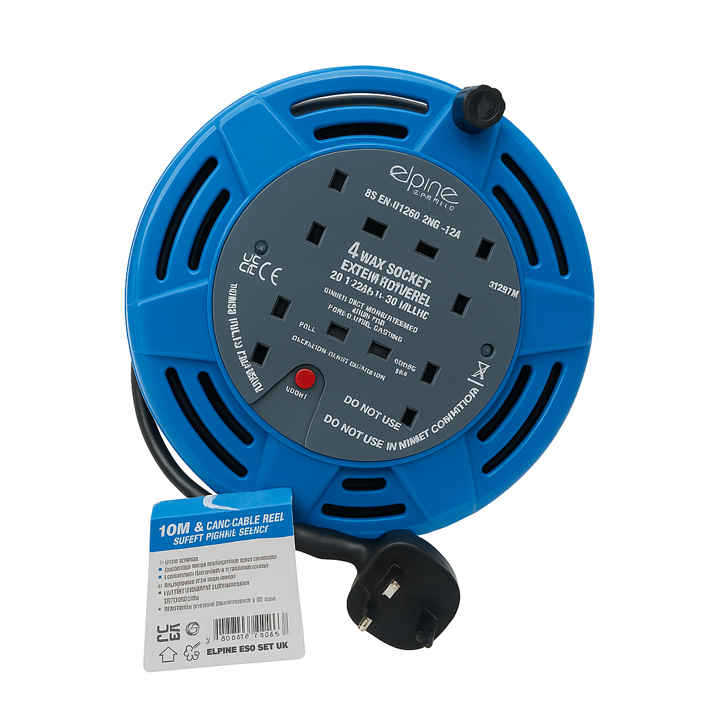 Heavy Duty Extension Lead Reel 4 Way Socket 10M Cable Mains Power Cord UK Plug