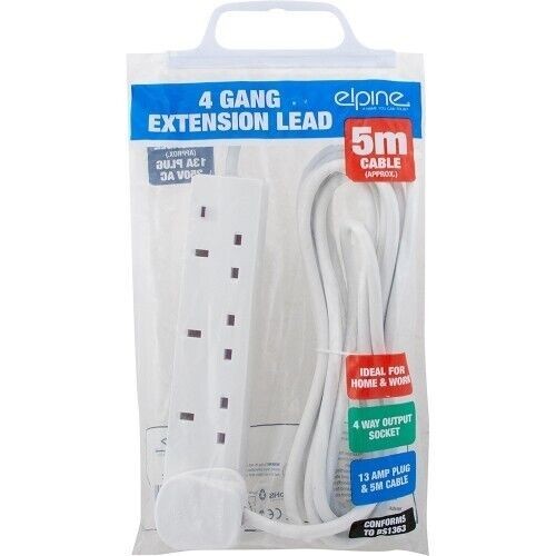 4 Gang Way Extension Socket Lead Cable Electric 13a Mains Power Adaptor Neon 5m