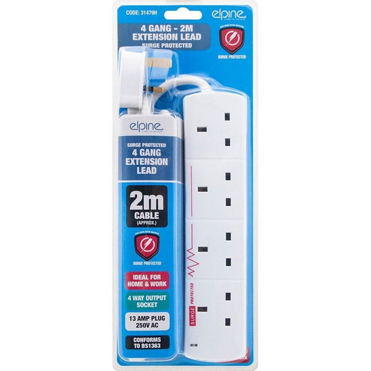 4 Gang Extension Socket Lead Cable Electric 13a Mains Power Adaptor Surge 2m