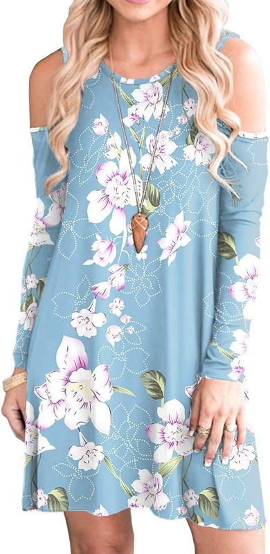 Women Summer Cold Shoulder Tunic Top Swing T Shirt Loose Casual Dress Medium