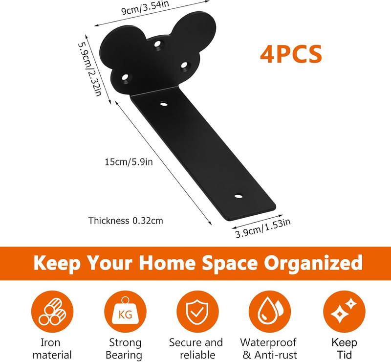 Heavy Duty Shelf Brackets Black Metal Floating Wall Support 4 Pcs 150mm