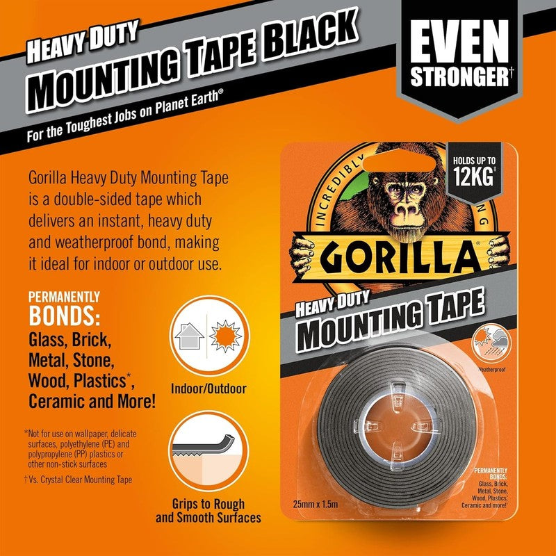Gorilla Heavy Duty Mounting Tape Black 1.5m Strong Double Sided Adhesive Gorilla