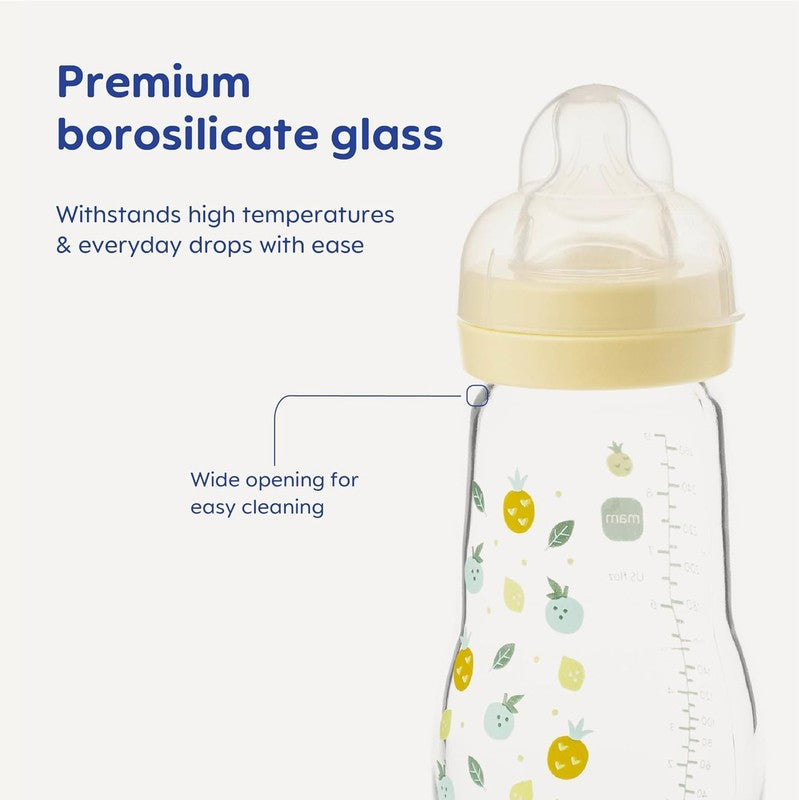 MAM Glass Baby Bottle Newborn Slow Flow 90ml Size 0 MAM