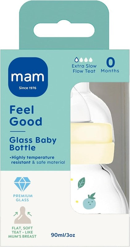 MAM Glass Baby Bottle Newborn Slow Flow 90ml Size 0 MAM
