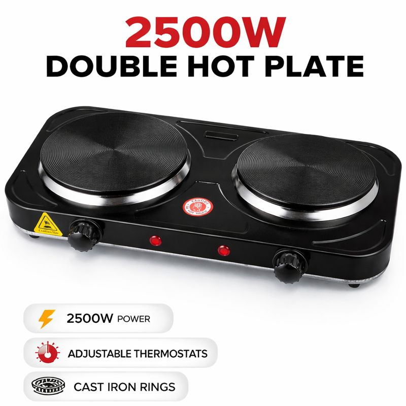 2500W Double Hot Plate Thermostat Tabletop Cast Iron Hob Cooking Unbranded