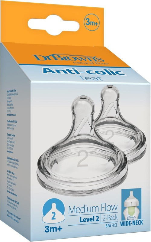Dr Browns Natural Flow Level 2 Wide Neck Baby Bottle Teats 3m Plus 2 Pack Dr. Brown?s