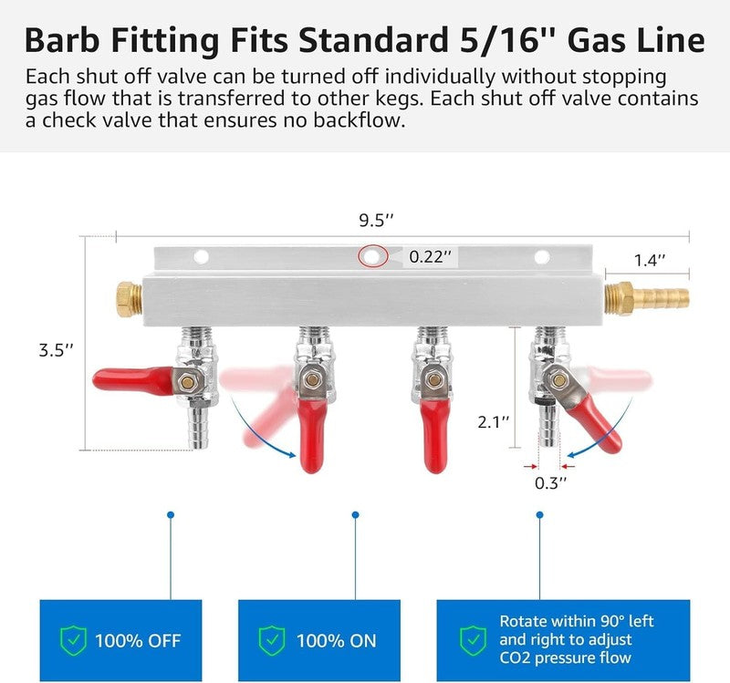 CO2 Gas Distributor 4 Way Splitter Manifold Beer Check Valve Shutoff Aluminium Unbranded