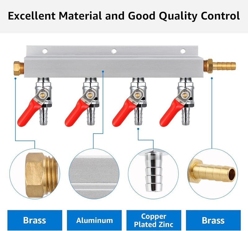 CO2 Gas Distributor 4 Way Splitter Manifold Beer Check Valve Shutoff Aluminium Unbranded