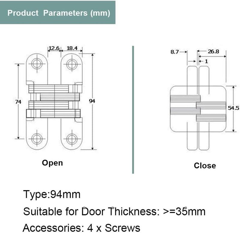 Invisible Folding Door Hinge Zinc Alloy Concealed Cross Hidden Furniture 94mmSet Unbranded