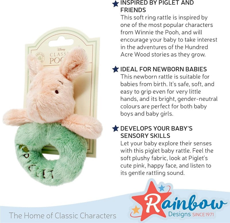 Winnie Pooh Piglet Baby Rattle Soft Toy Ring Plush Infant Disney Official Disney