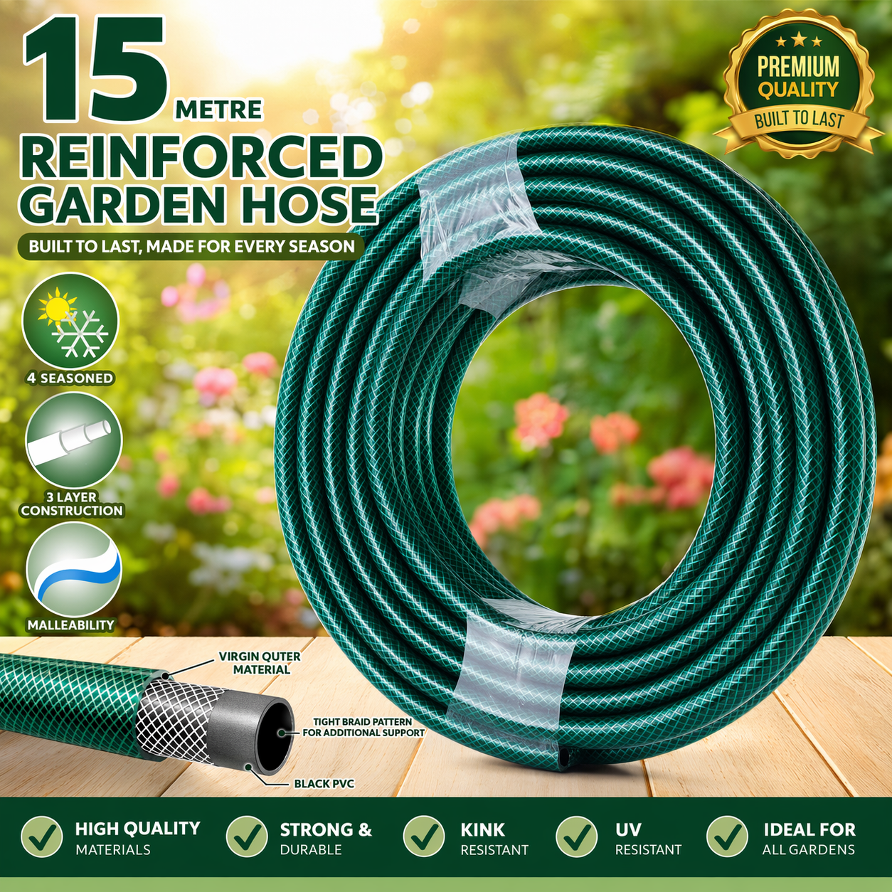 1/2'' Garden Hose Pipe Reinforced PVC 15M Heavy Duty Watering Flexible Outdoor Unbranded