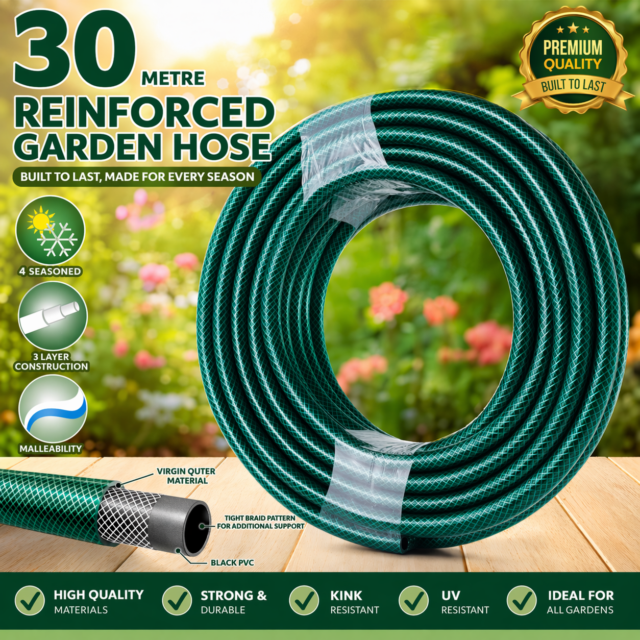1/2'' Garden Hose Pipe Reinforced PVC 30M Heavy Duty Watering Flexible Outdoor Unbranded