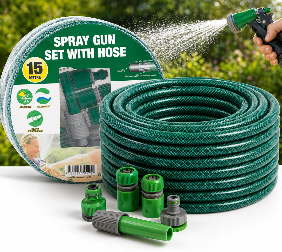 Garden Hose Pipe 15M Reinforced Spray Nozzle Set Durable Flexible Kit Marksman