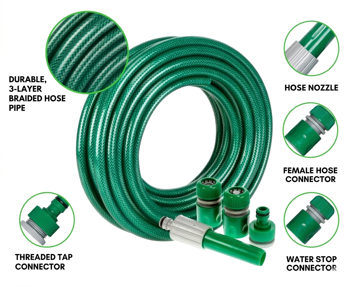 Garden Hose Pipe 15M Reinforced Spray Nozzle Set Durable Flexible Kit Marksman