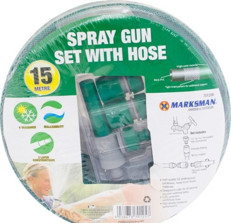 Garden Hose Pipe 15M Reinforced Spray Nozzle Set Durable Flexible Kit Marksman