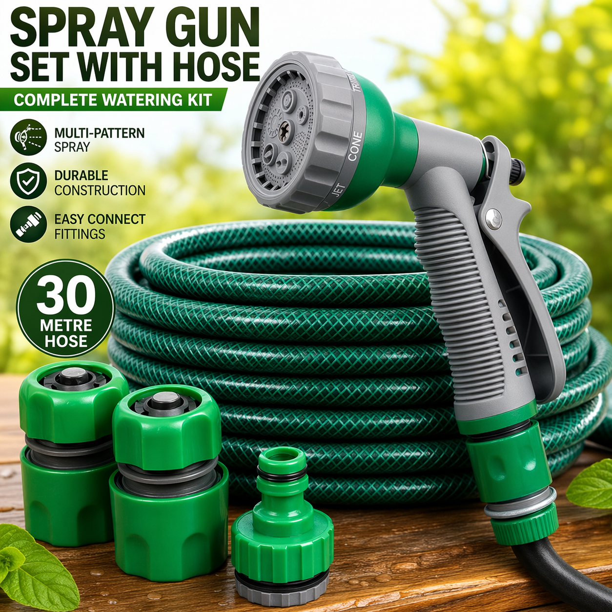 Garden Hose 30M Reinforced Pipe Spray Nozzle Set Fittings Heavy Duty Does not apply