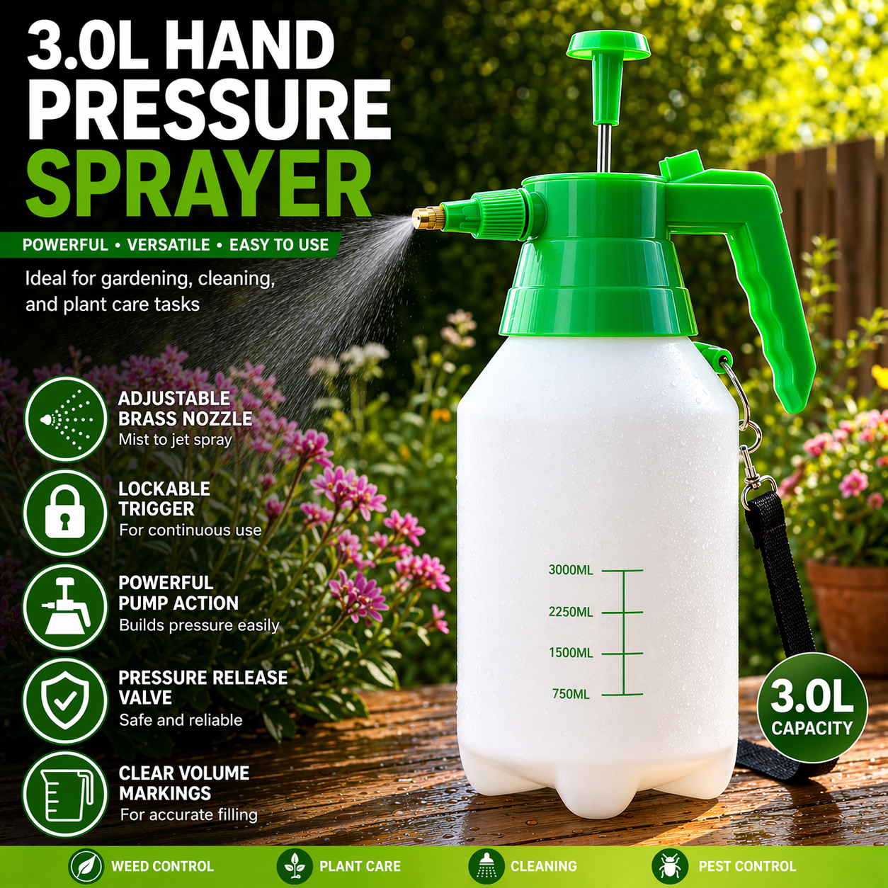 Pressure Sprayer 3.0 L Garden Pump Weed Killer Bottle Hand Spray Gun Allotment Unbranded