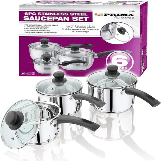 Stainless Steel Saucepan Set Induction Non Stick Pots With Glass Lids 6Pc Pan Unbranded