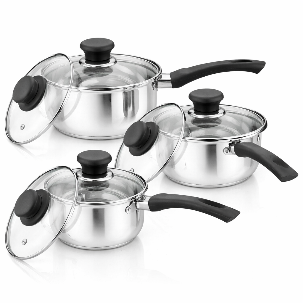 Stainless Steel Saucepan Set Induction Non Stick Pots With Glass Lids 6Pc Pan Unbranded