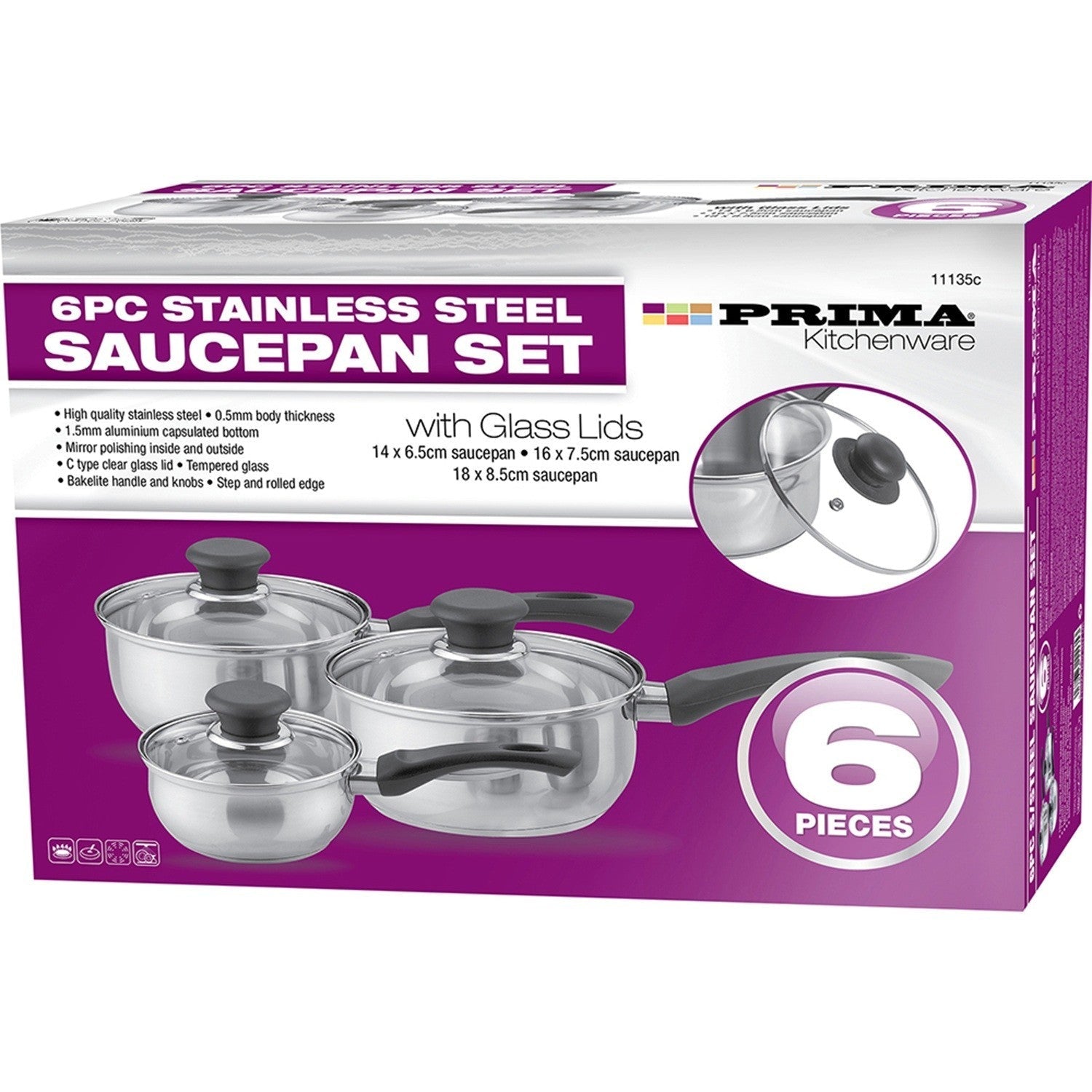 Stainless Steel Saucepan Set Induction Non Stick Pots With Glass Lids 6Pc Pan Unbranded