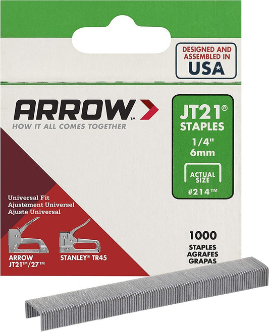 Arrow Staples JT21 T27 TR45 6mm (1/4'') Upholstery Stapler Heavy Duty Box Of 1000 Arrow