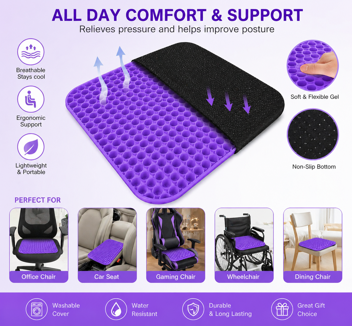 Gel Seat Cushion Pressure Relief Office Chair Car Support Breathable Non Slip Dealforanyoccasion