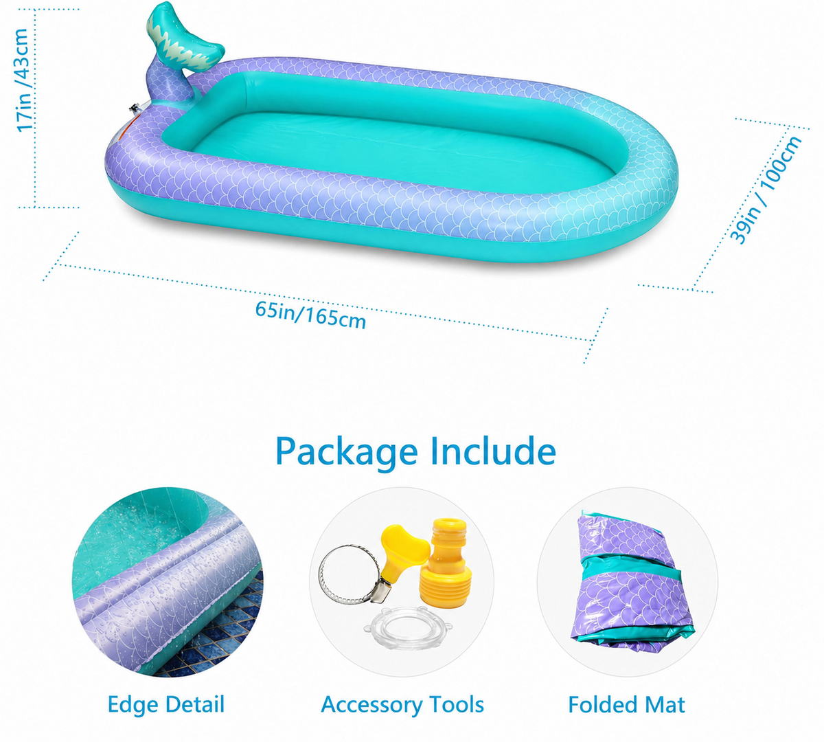Kids Splash Pad Sprinkler Mat Inflatable Pool Garden Water Play 165Cm Blue Fun Unbranded