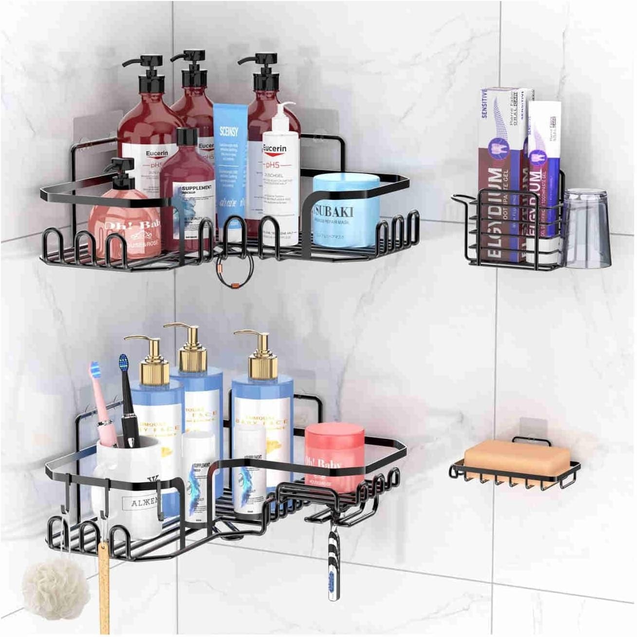 Corner Shower Caddy Shelf Basket Adhesive Bathroom Storage Hooks Black Rack Unbranded