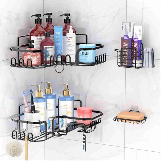 Corner Shower Caddy Shelf Basket Adhesive Bathroom Storage Hooks Black Rack Unbranded