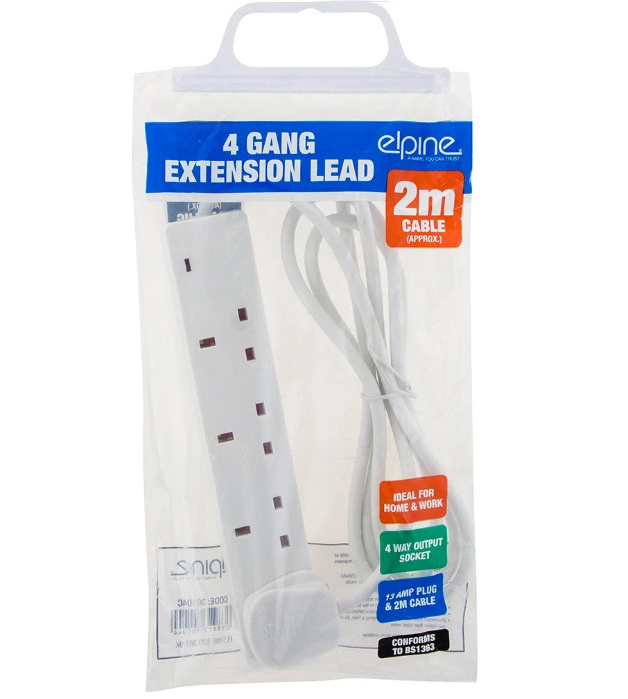 Elpine 4 Gang Extension Lead 2M White Mains Power Strip 13A Wall Mount BS1363A Elpine