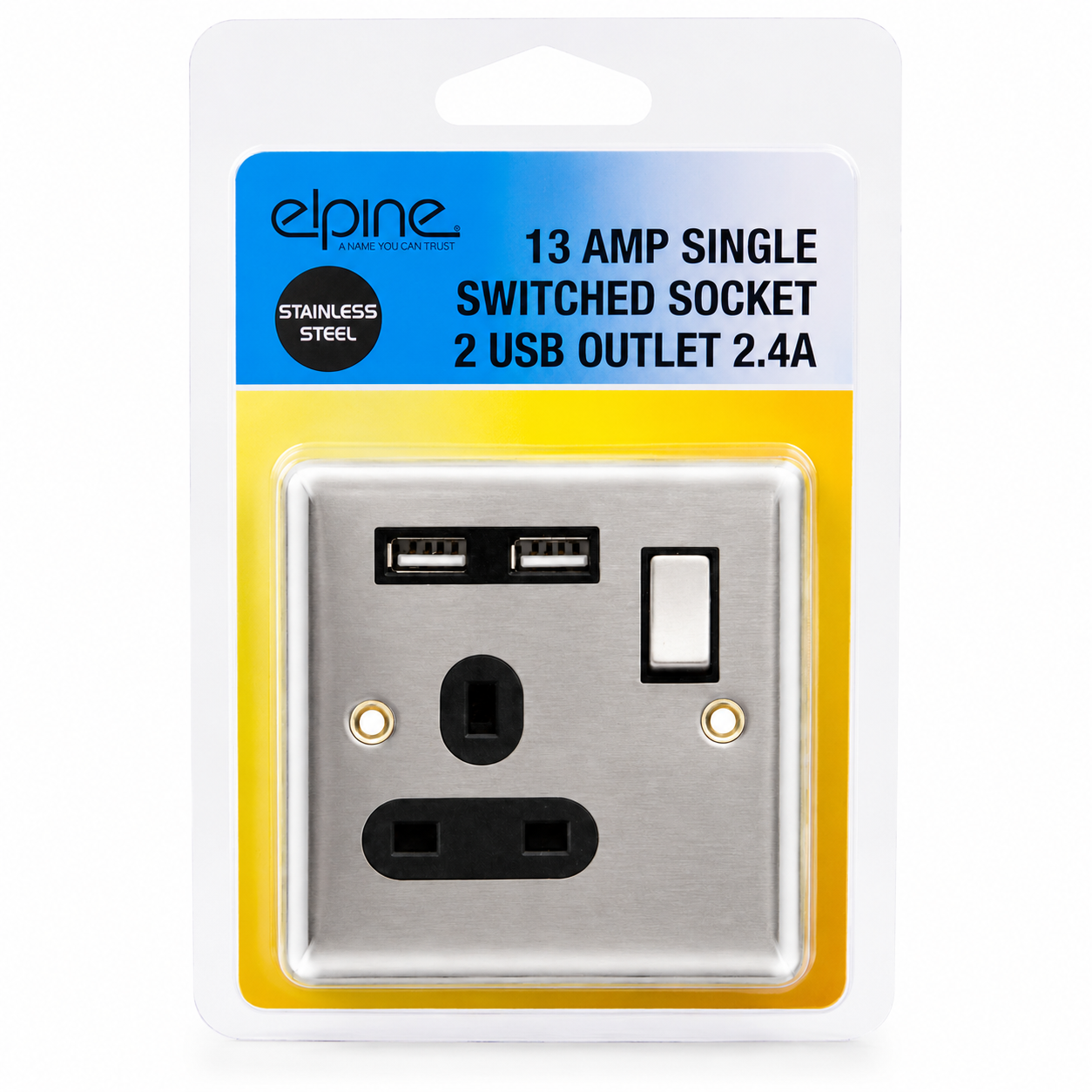 Elpine Stainless Steel Switched Socket Dual USB Outlet 13A Chrome 1 Gang 1 Way elpine