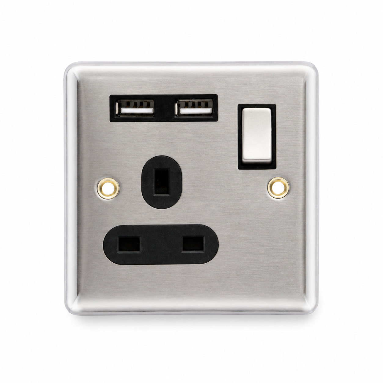 Elpine Stainless Steel Switched Socket Dual USB Outlet 13A Chrome 1 Gang 1 Way elpine
