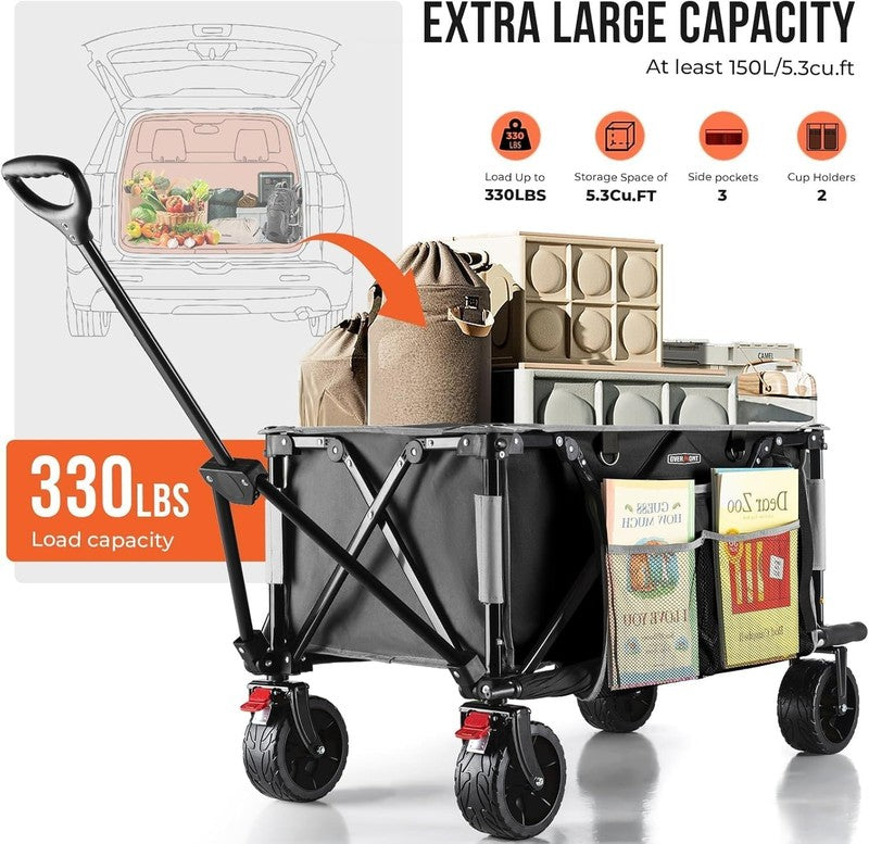 Overmont Heavy Duty Folding Camping Trolley Wagon 150Kg Beach Garden Cart Black Does not apply