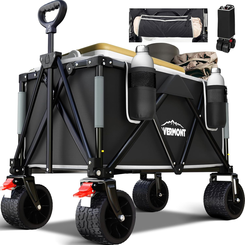Overmont Heavy Duty Folding Camping Trolley Wagon 150Kg Beach Garden Cart Black Does not apply