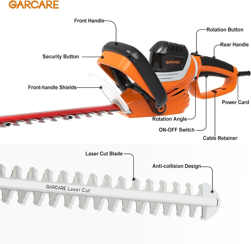 GARCARE Electric Hedge Trimmer Corded 24In Dual Action Laser Blade 4.8Amp 500W Unbranded