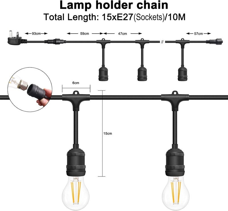 Outdoor Festoon String Lights 10M 15 E27 Sockets IP65 Waterproof Mains Powered Does not apply