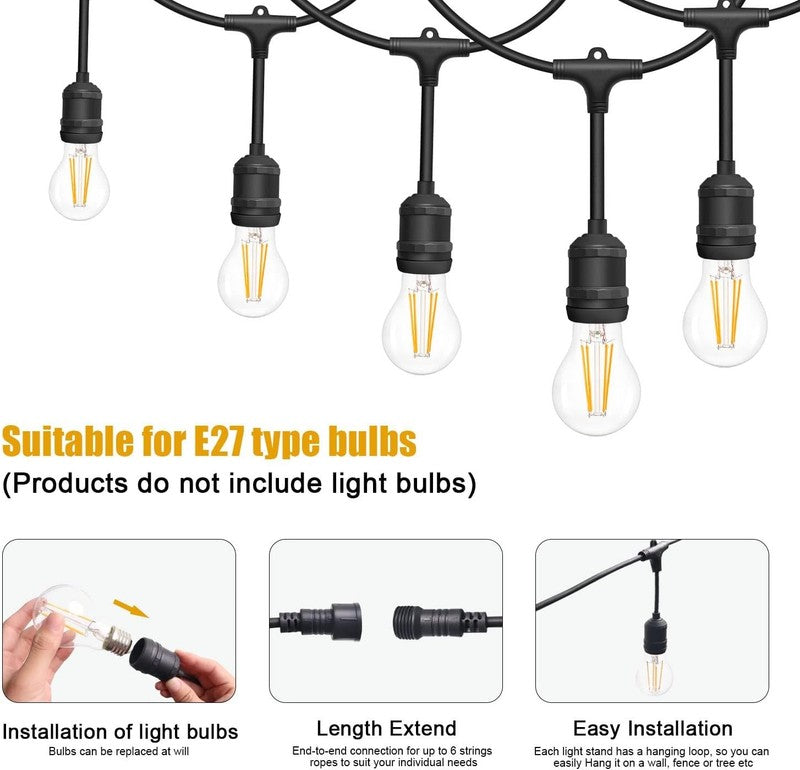 Outdoor Festoon String Lights 10M 15 E27 Sockets IP65 Waterproof Mains Powered Does not apply