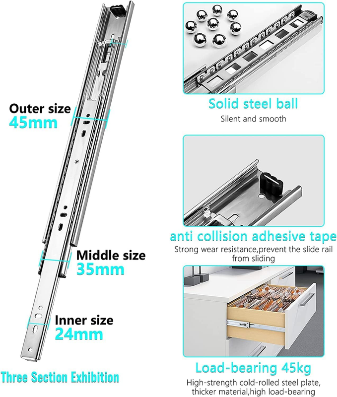 Drawer Runners Slides 250mm Heavy Duty 45kg Full Extension Ball Bearing Unbranded