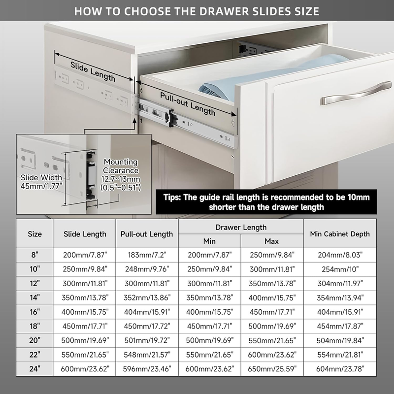 Drawer Runners Slides 250mm Heavy Duty 45kg Full Extension Ball Bearing Unbranded