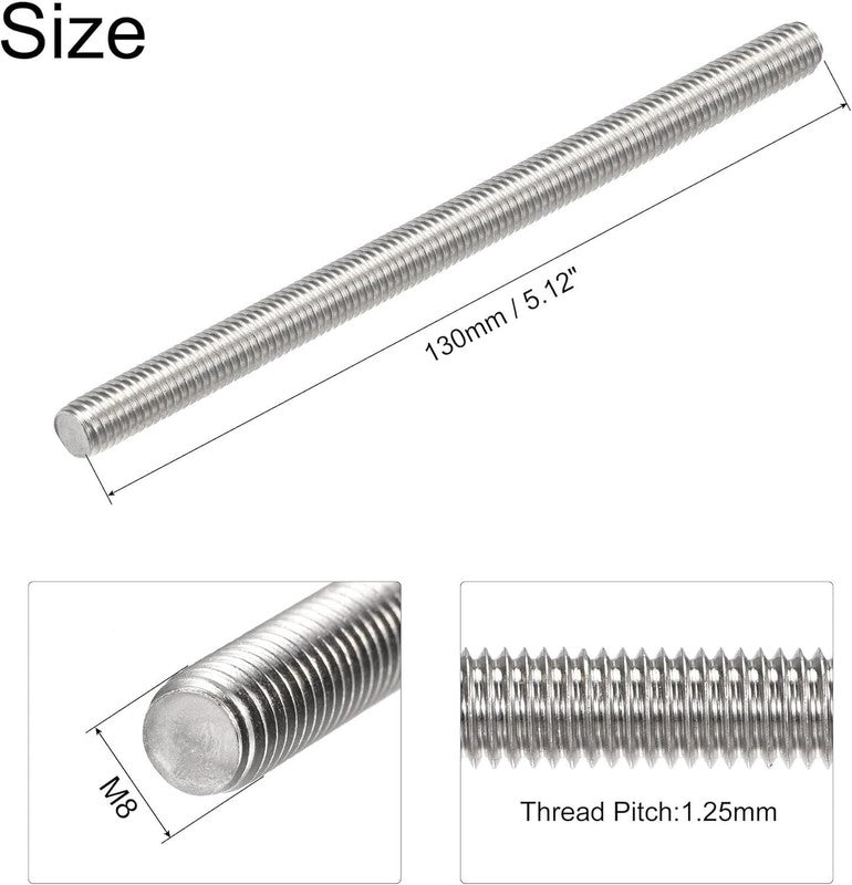 M8 Threaded Rod Stainless Steel Fully Threaded Bar Right Hand 130Mm 6 Pack Bolt uxcell