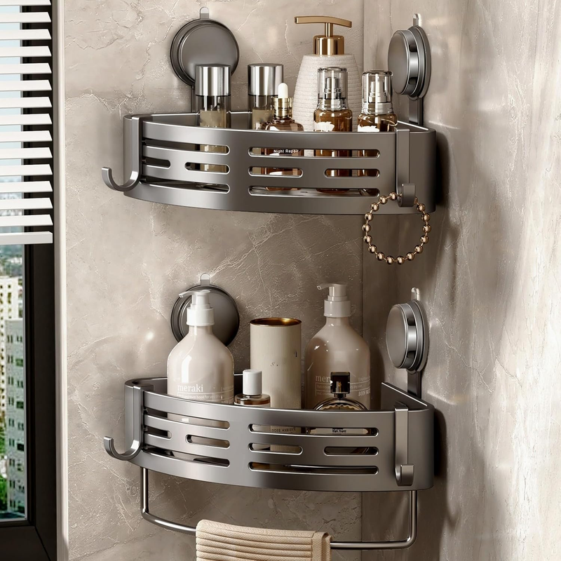 Corner Shower Caddy Suction Shelf Bathroom Organiser Rack No Drill Grey 2 Pack Unbranded