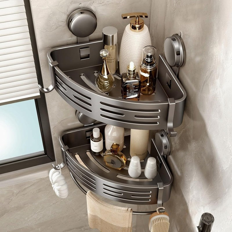 Corner Shower Caddy Suction Shelf Bathroom Organiser Rack No Drill Grey 2 Pack Unbranded