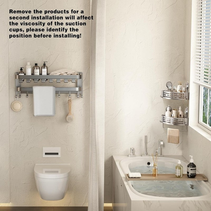 Corner Shower Caddy Suction Shelf Bathroom Organiser Rack No Drill Grey 2 Pack Unbranded
