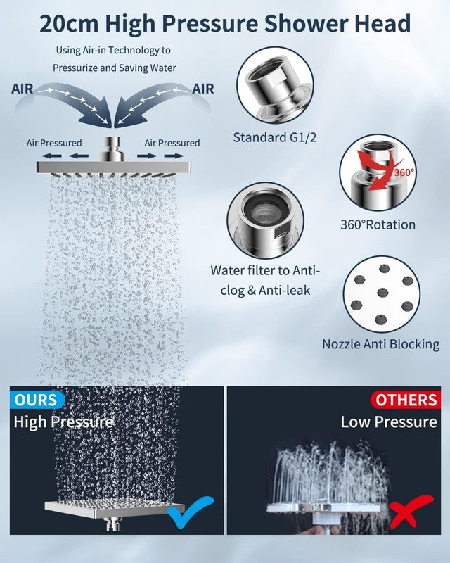 Rain Shower Head Square High Pressure Stainless Steel Chrome 8Inch Bathroom Head Does not apply