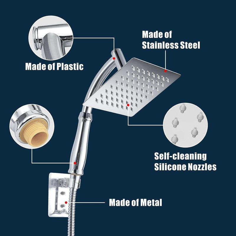 Rain Shower Head Handheld High Pressure Stainless Steel Square Chrome 6 Inch Set Does not apply