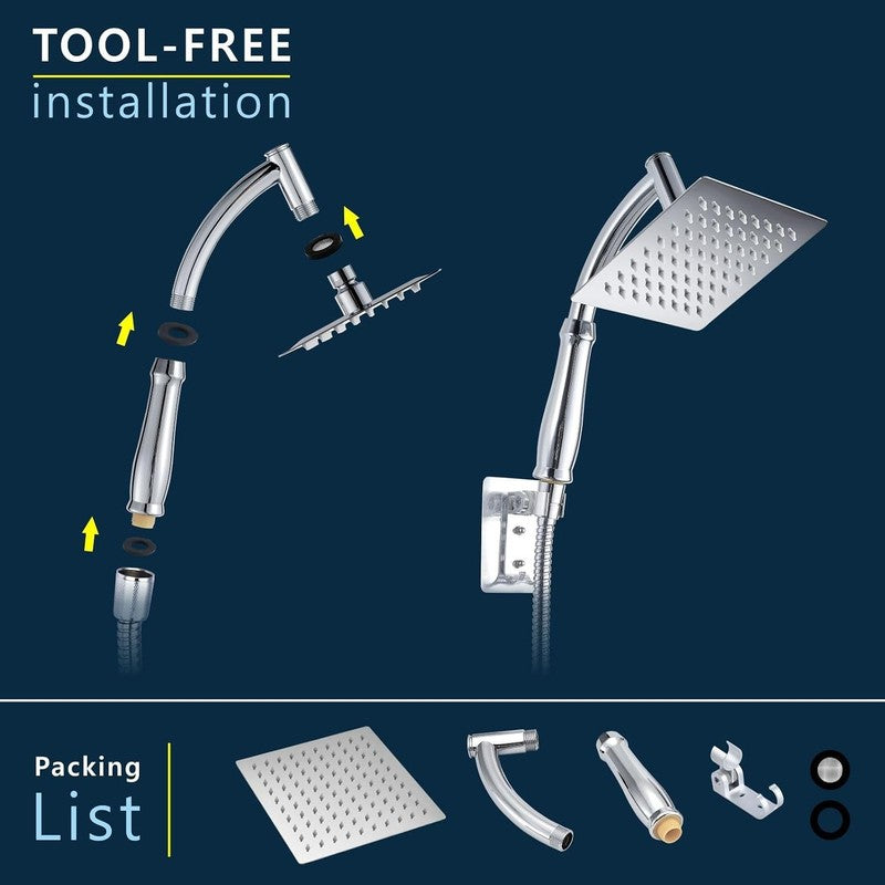 Rain Shower Head Handheld High Pressure Stainless Steel Square Chrome 6 Inch Set Does not apply