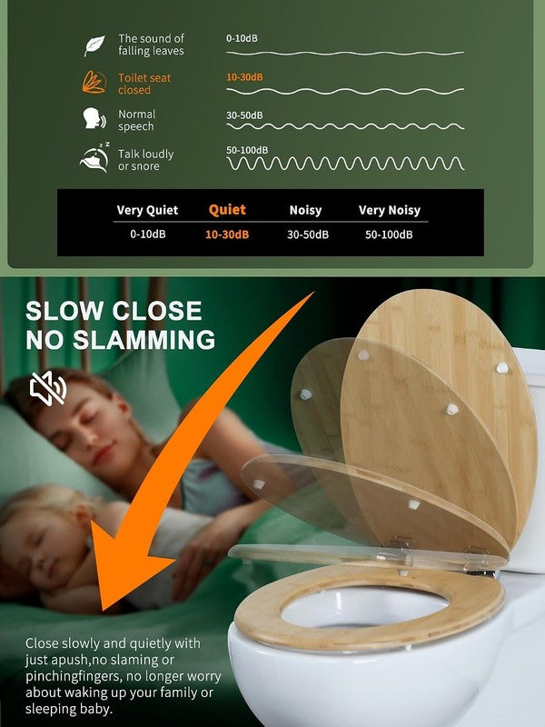 Bamboo Toilet Seat Soft Close Quick Release Oval Adjustable Hinges Top Bottom Unbranded