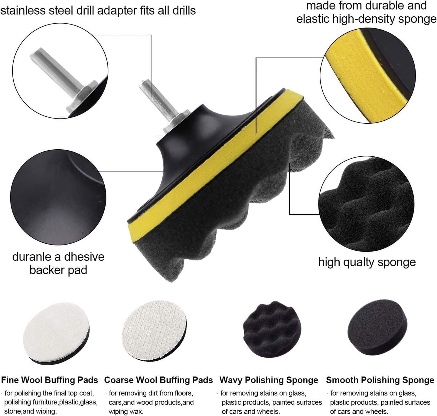 Car Polishing Buffing Pads Kit Foam Wool Waxing M14 Drill Adapter 125mm 5 Inch Unbranded