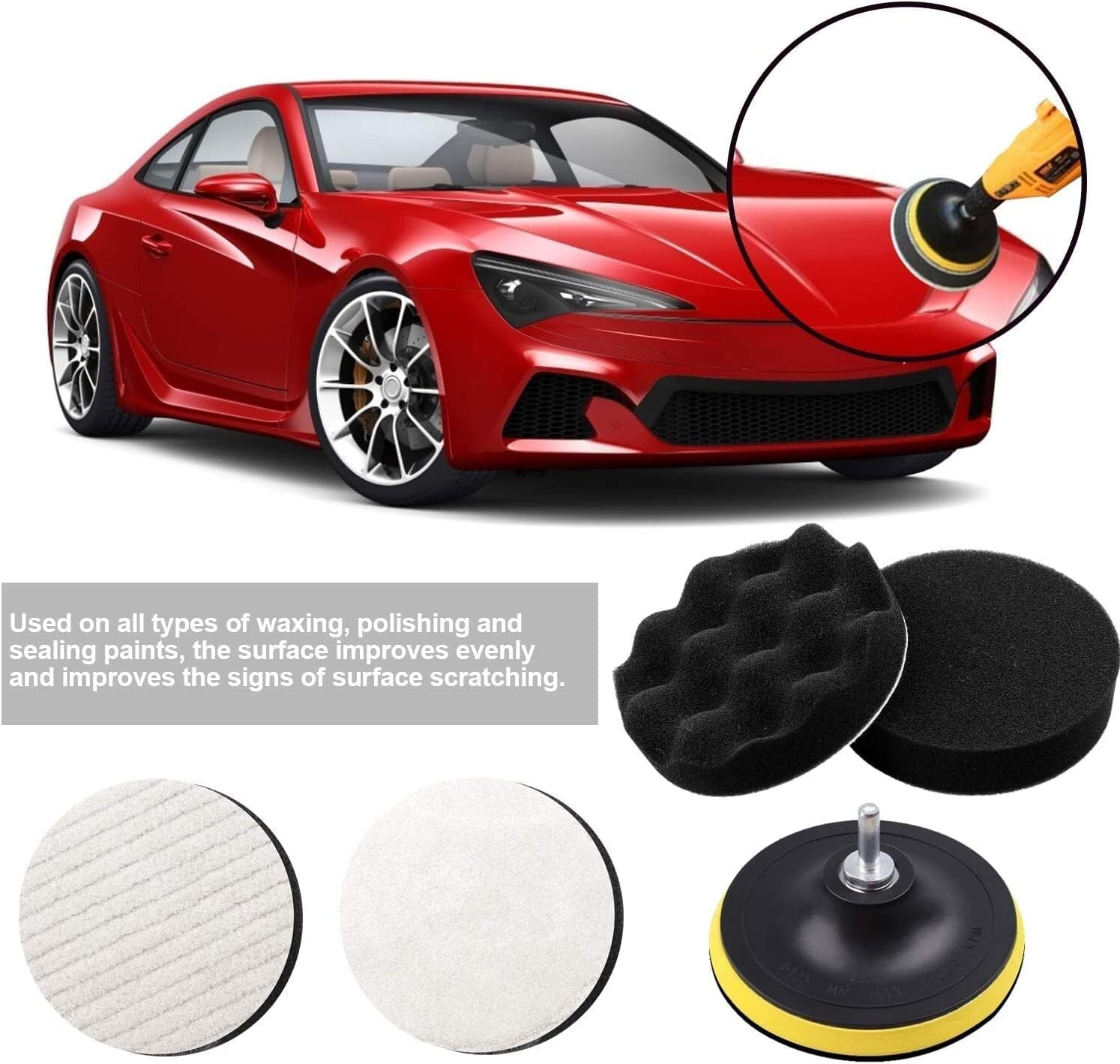 Car Polishing Buffing Pads Kit Foam Wool Waxing M14 Drill Adapter 125mm 5 Inch Unbranded